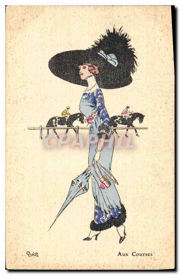 CPA Fantaisie Illustrateur Femme Aux course Cheval Hippisme