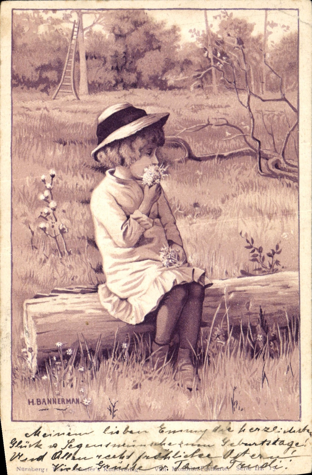 Fille assise sur un tronc d'arbre — buvant une fleur — H. BANNERMAN, Nürnberg, Série III, n° 13