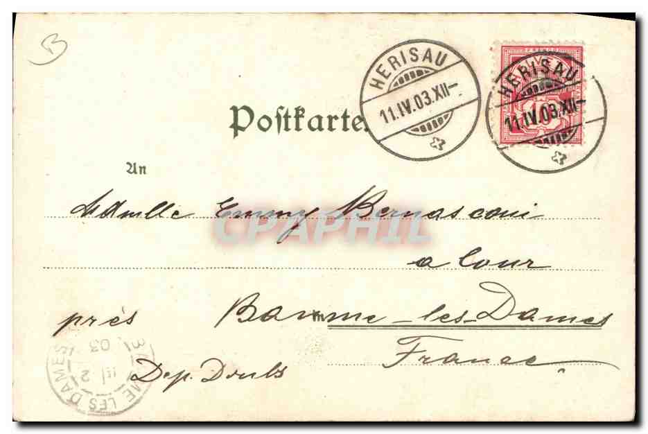 Fille assise sur un tronc d'arbre — buvant une fleur — H. BANNERMAN, Nürnberg, Série III, n° 13 — Rückseite
