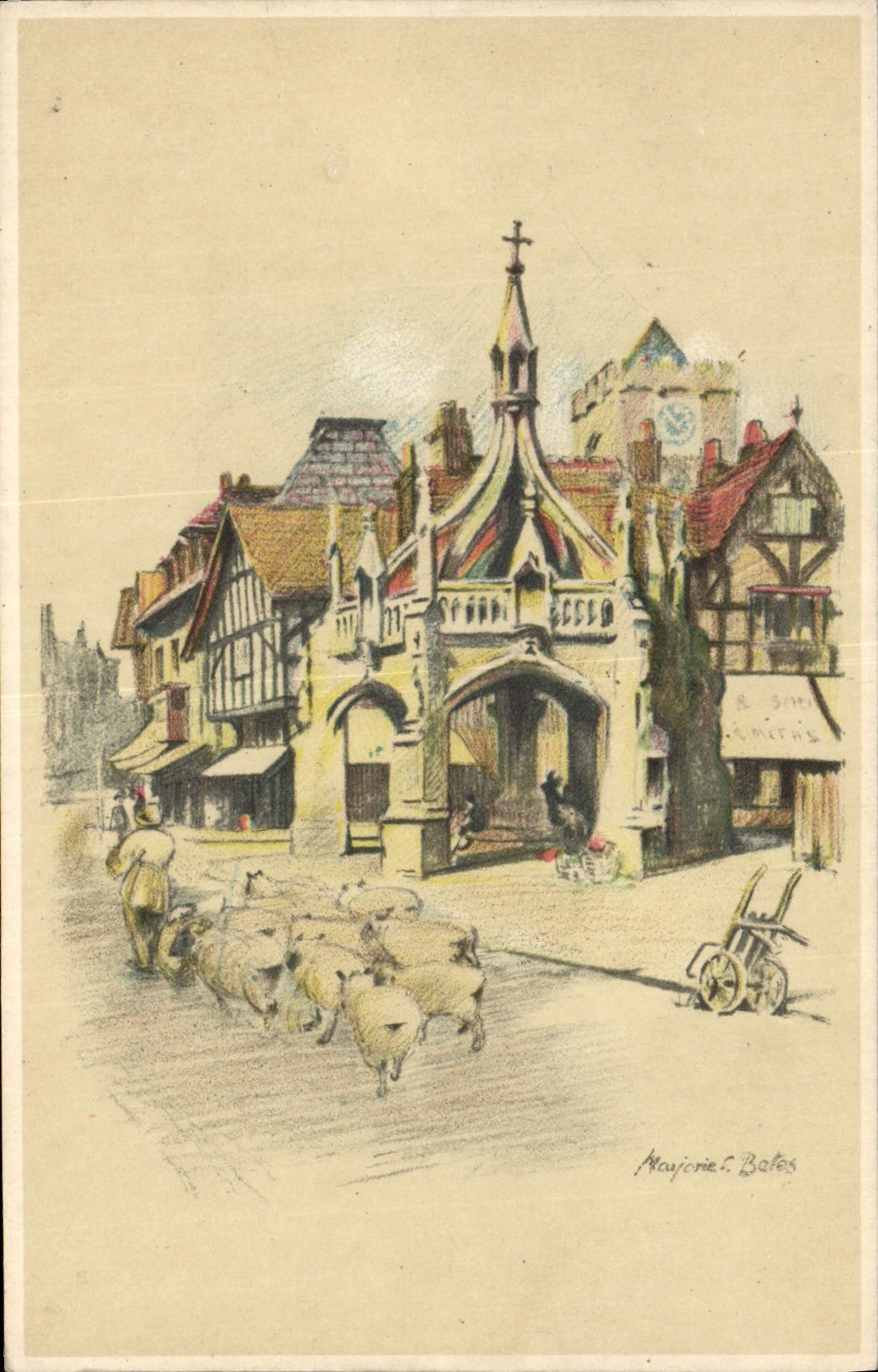 CPA Fantaisie Illustrateur Maisons Moutons