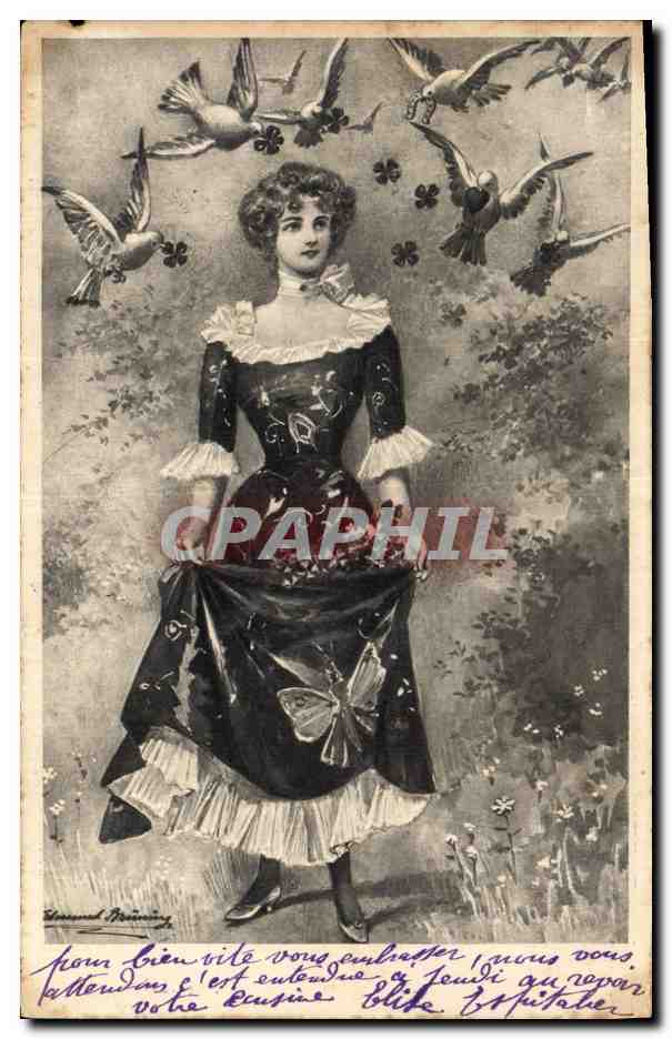 Femme en robe noire ornée d'un papillon — dessin de Bernard Mainwaring — éditeur non visible