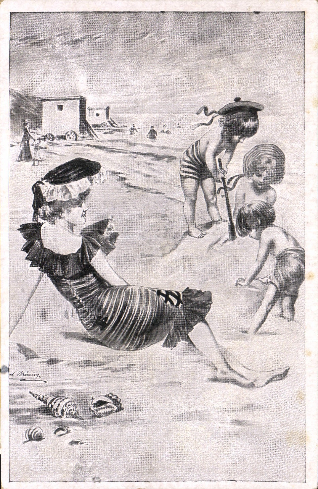 CPA Fantaisie Illustrateur Enfants Femme a la plage 