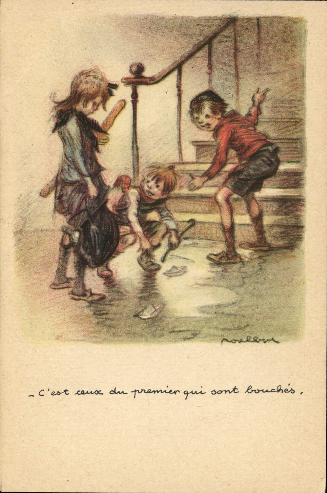 Enfants jouant dans une flaque d'eau — illustration de Poulèvre — Ligue Nationale Contre le Taudis