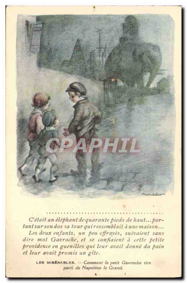 CPA Fantaisie Illustrateur Poulbot Victor Hugo Les miserables Gavroche Napoleon Elephant 