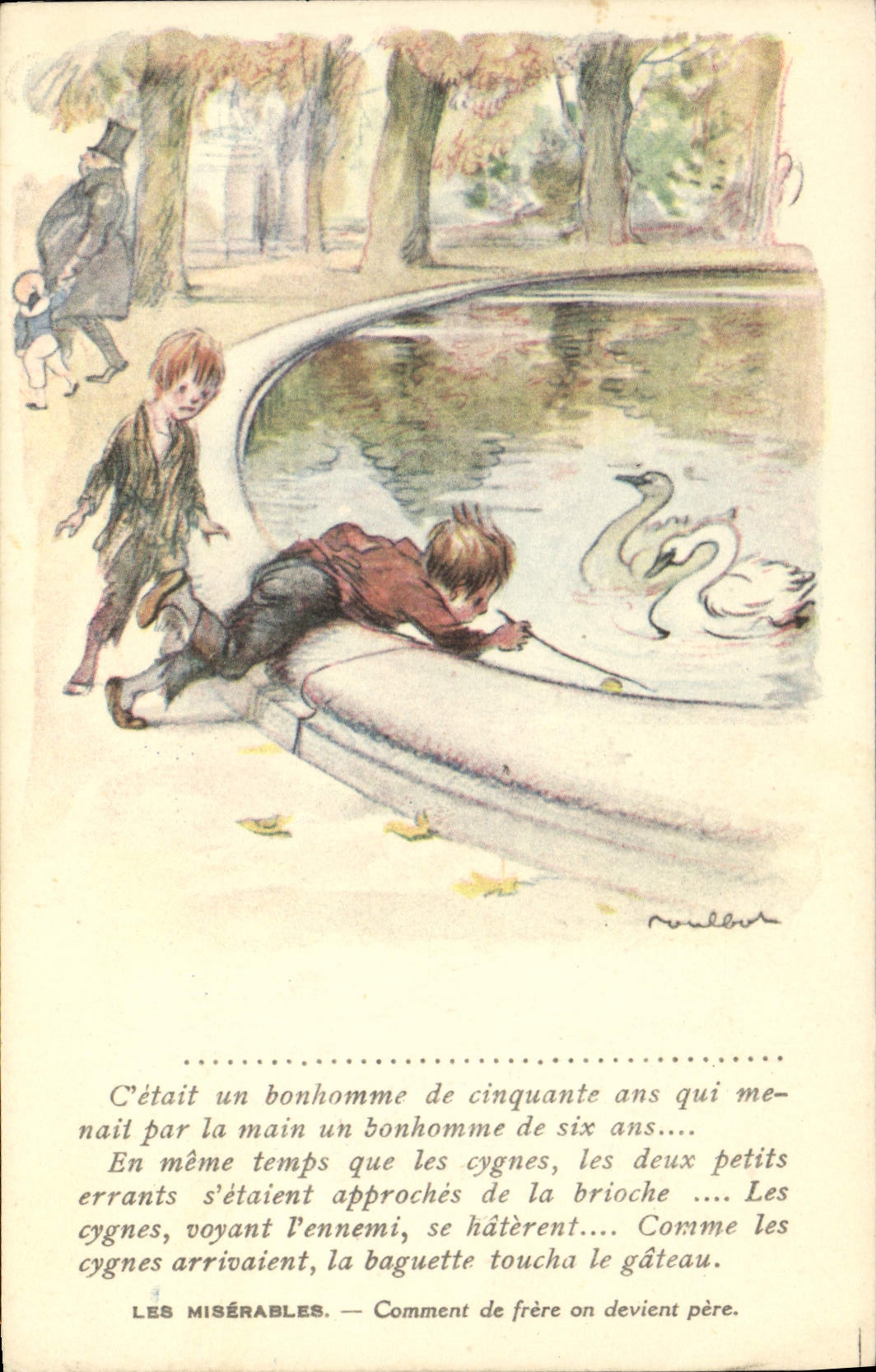 CPA Fantaisie Illustrateur Poulbot Victor Hugo Les miserabeles Cygne Swan 