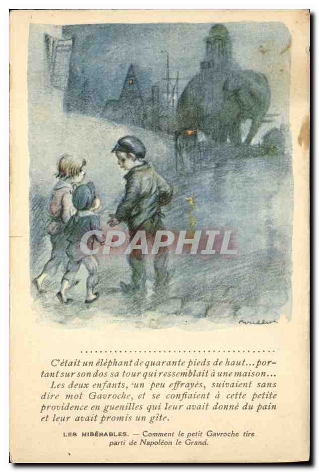 CPA Fantaisie Illustrateur Poulbot Victor Hugo Les miserables Gavroche Napoleon Elephant 