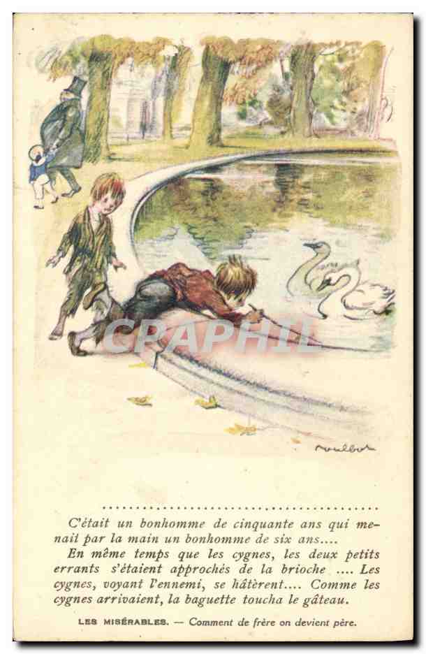 CPA Fantaisie Illustrateur Poulbot Victor Hugo Les miserables Cygne Swan 