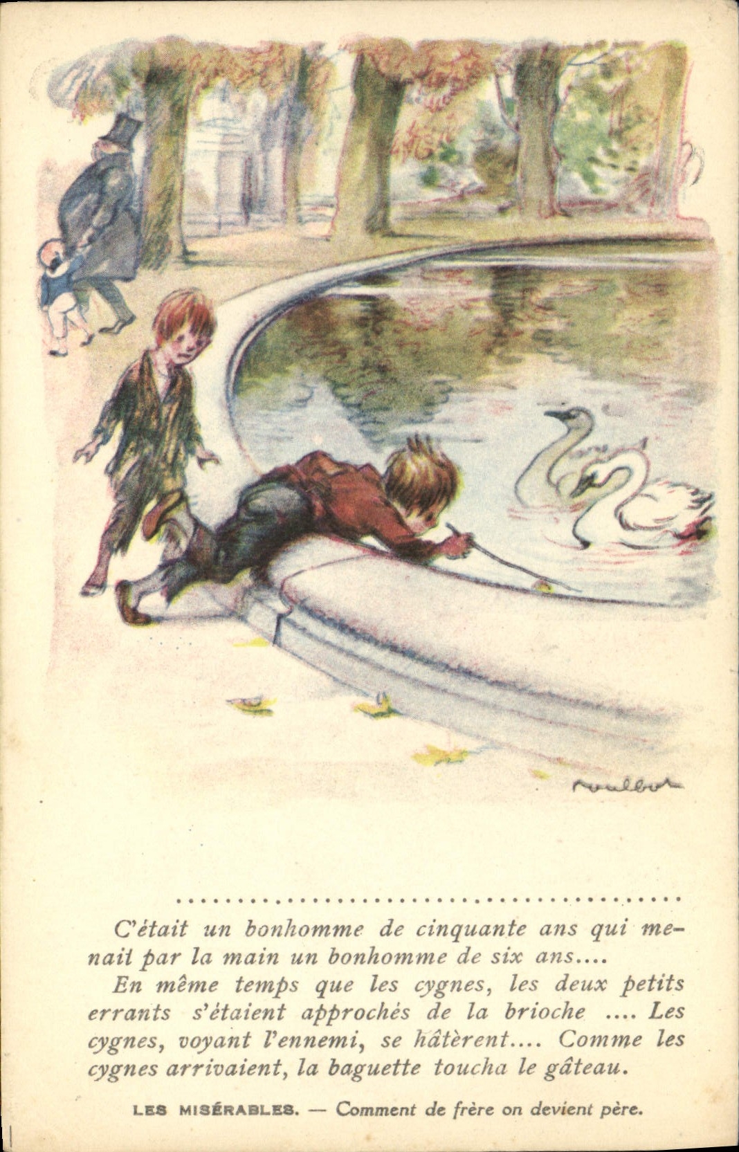 CPA Fantaisie Illustrateur Poulbot Victor Hugo Les miserables Cygne 