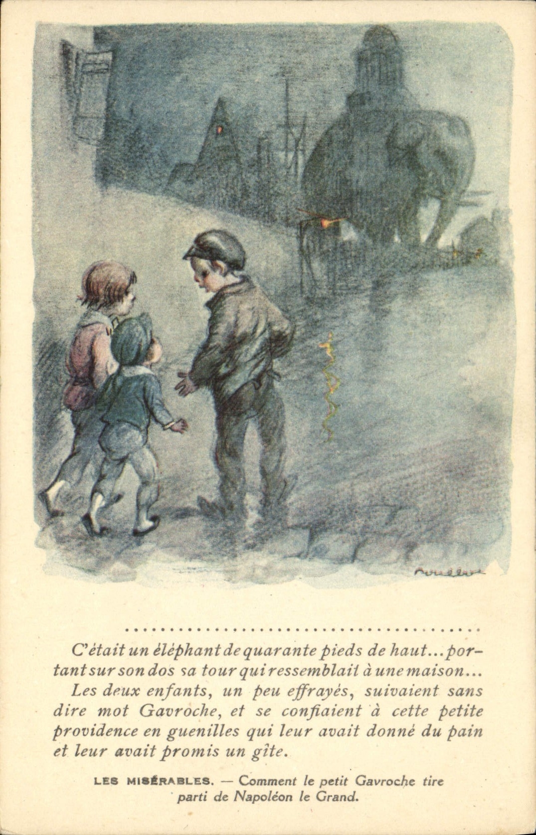 CPA Fantaisie Illustrateur Poulbot Victor Hugo Les miserables Gavroche Napoleon Elephant 