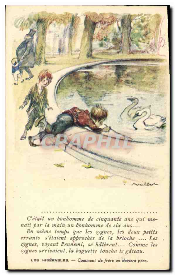 CPA Fantaisie Illustrateur Poulbot Victor Hugo Les miserables Cygne Swan 