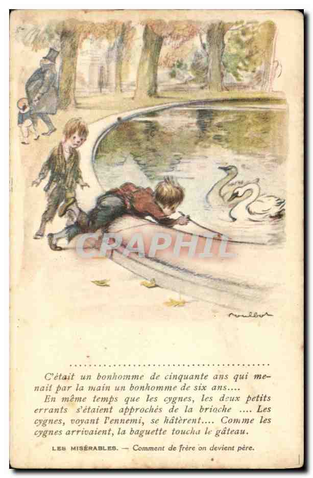 CPA Fantaisie Illustrateur Poulbot Victor Hugo Les miserables Cygne Swan 