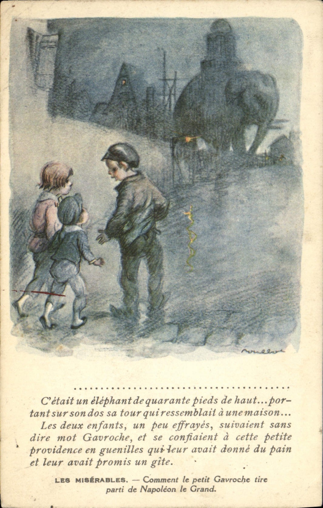 CPA Fantaisie Illustrateur Poulbot Victor Hugo Les miserables Gavroche Napoleon Elephant 
