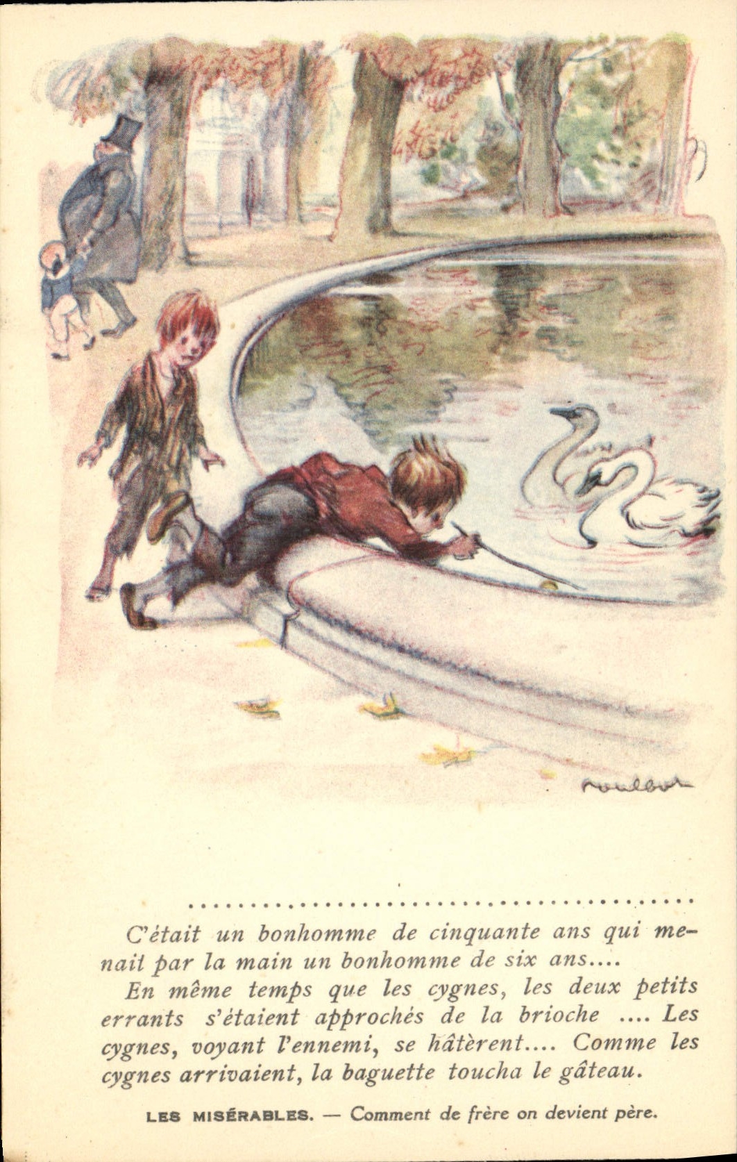 CPA Fantaisie Illustrateur Poulbot Victor Hugo Les miserables Cygne Swan 