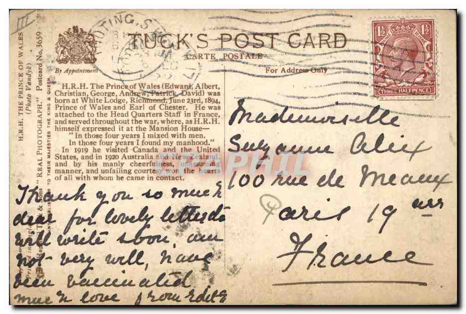 H.R.H. The Prince of Wales — en uniforme militaire — Tuck's Post Card No. 3659 — Reverso
