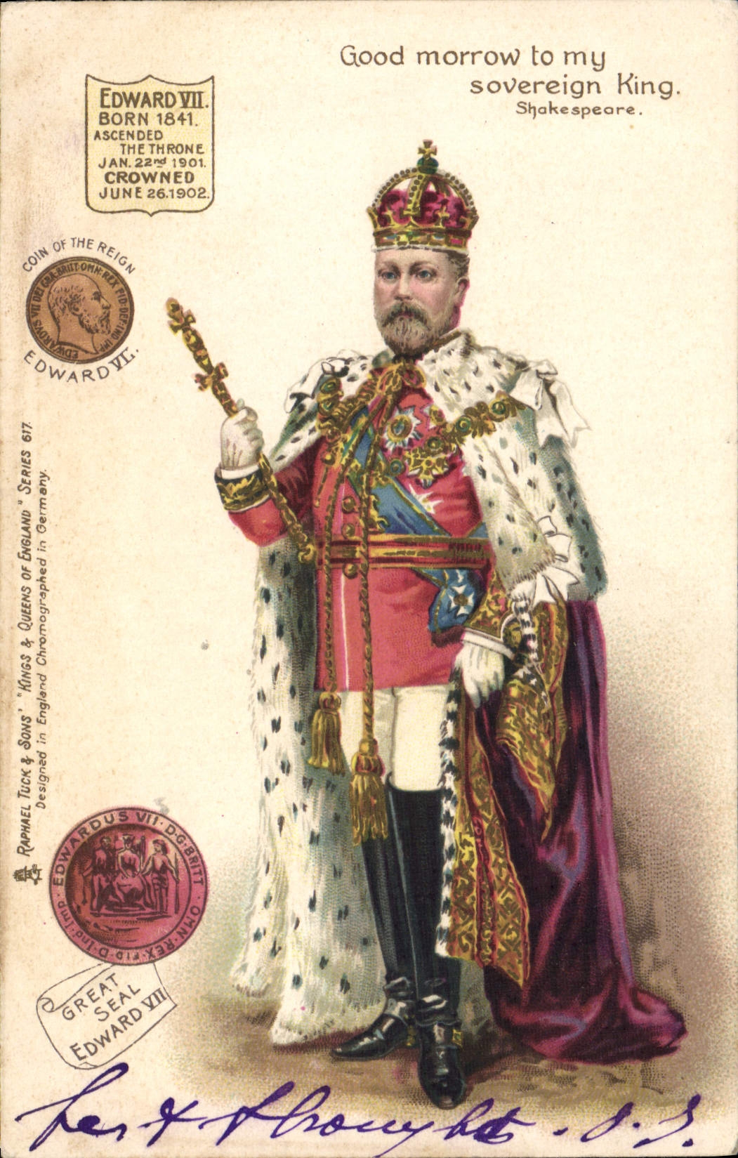 Roi Édouard VII — portrait en costume royal — éditeur Raphael Tuck & Sons, série 617 - Anverso