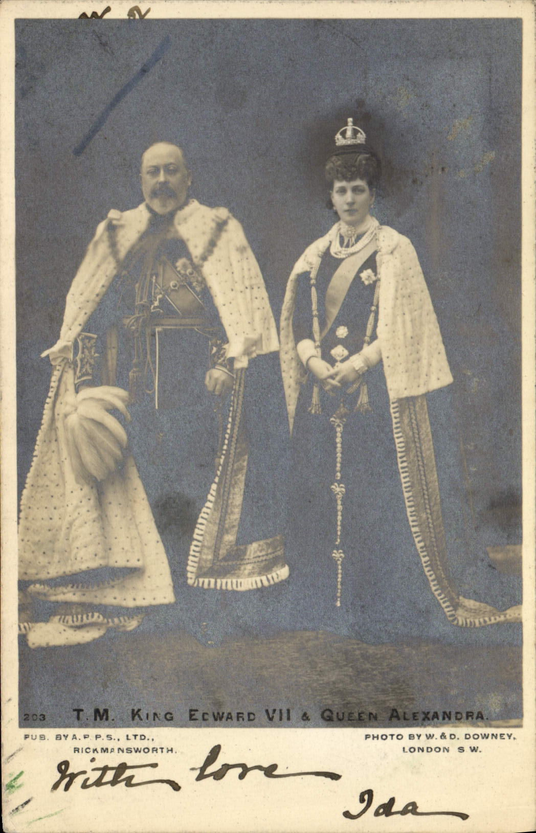 Roi Edward VII et Reine Alexandra — photo de studio — pub. T.M. Rickmansworth, photo W.&D. Downey, Londres
