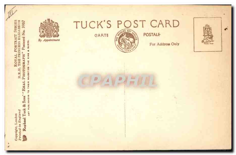 Princesse Elizabeth — Portrait par Marcus Adams — Tuck's Post Card, série Portrait Royale n°3987 — Verso