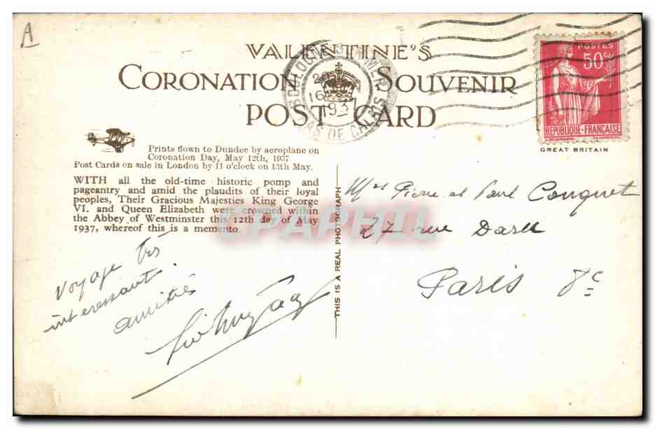 Peers Paying Homage to the King — Coronation Souvenir Postcard — C.C.1 — Verso