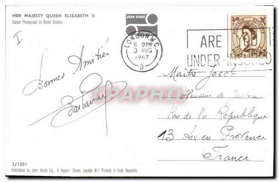 Queen Elizabeth II — Offizieller Porträt — Verlag John Hinde Ltd. — Rückseite