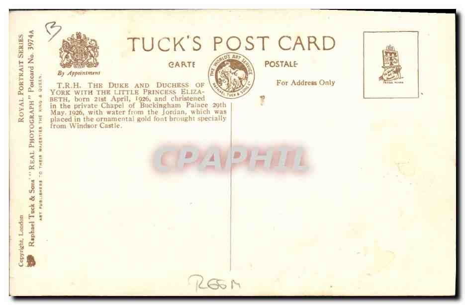 H.R.H. La Duchesse de York avec la Petite Princesse Elizabeth — Portrait par Marcus Adams — Tuck's Post Card n°3974A — Verso