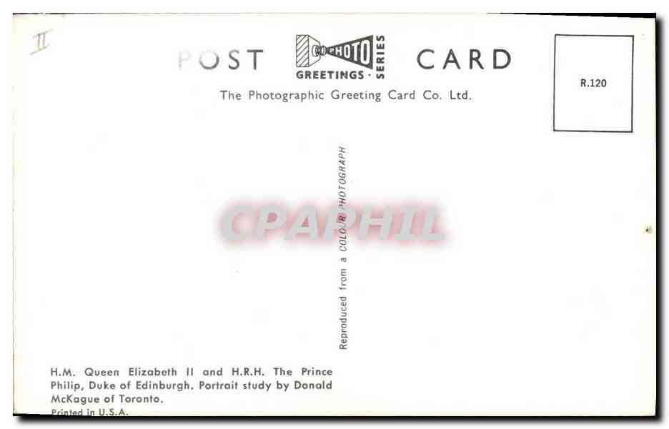 Queen Elizabeth II et le Prince Philip — portrait officiel — The Photographic Greeting Card Co. Ltd. n° R.120 — Back