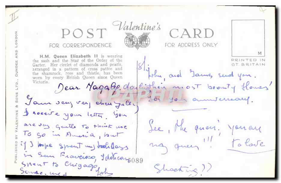 H.M. Queen Elizabeth II — Photograph by Dorothy Wilding — Valentine's Post Card — Verso