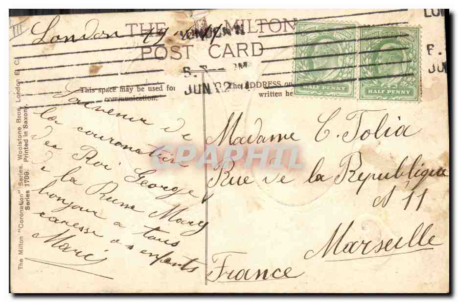 Coronation of King George V & Queen Mary — Souvenir — The Milton, Series 1709 — Verso