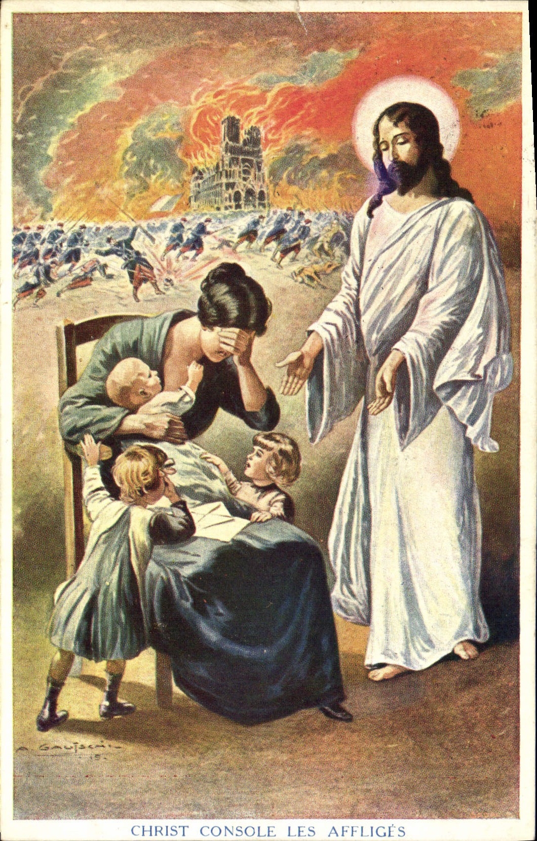 CPA Fantaisie Illustrateur Christ console les affliges Reims Militaria