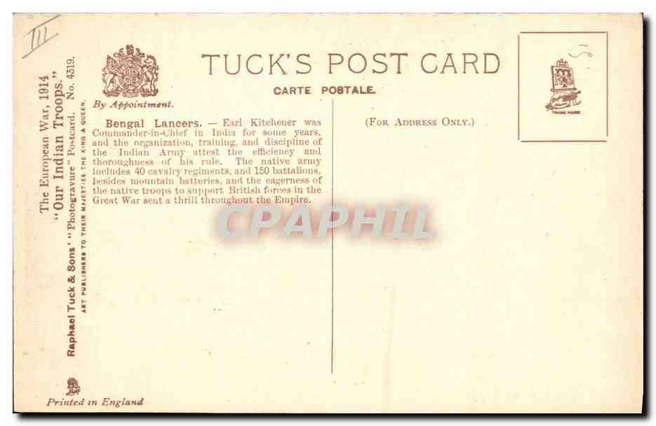 Bengal Lancers — Photo Central Albin — Tuck's Post Card No. 4319 — Verso