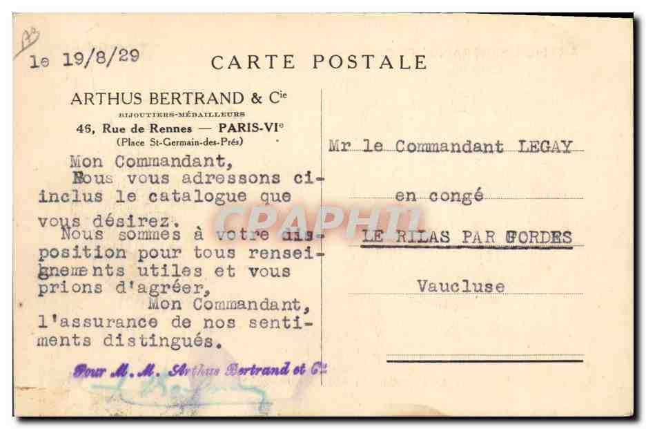 CPA Medaille Arthus Bertrand Danseuse au faune Flute MAscaux Arts Decoratifs 1926 Paris — Verso