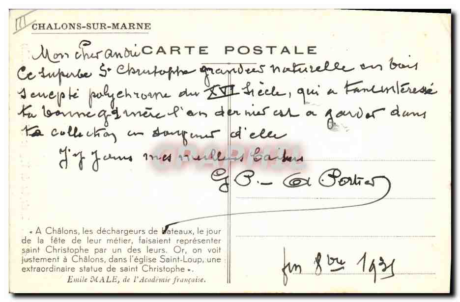 CPA Fantaisie Illustrateur Le Saint Christophe de l'eglise Saint Loup Chalons sur Marne  — Rückseite