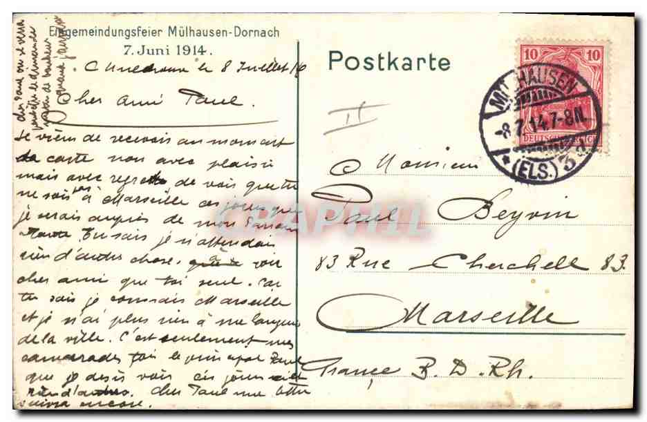 CPA Fantaisie Illustrateur Mulhausen Dornach 7 Juin 1914 Romer auf dem Durchzug  — Rückseite