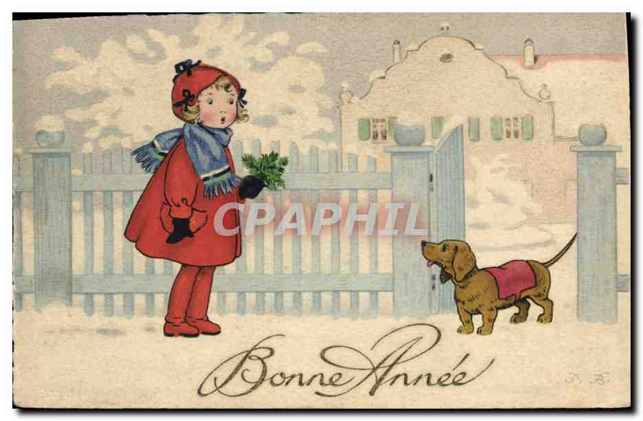 Enfant en hiver avec chien — Bonne Année — M. B.