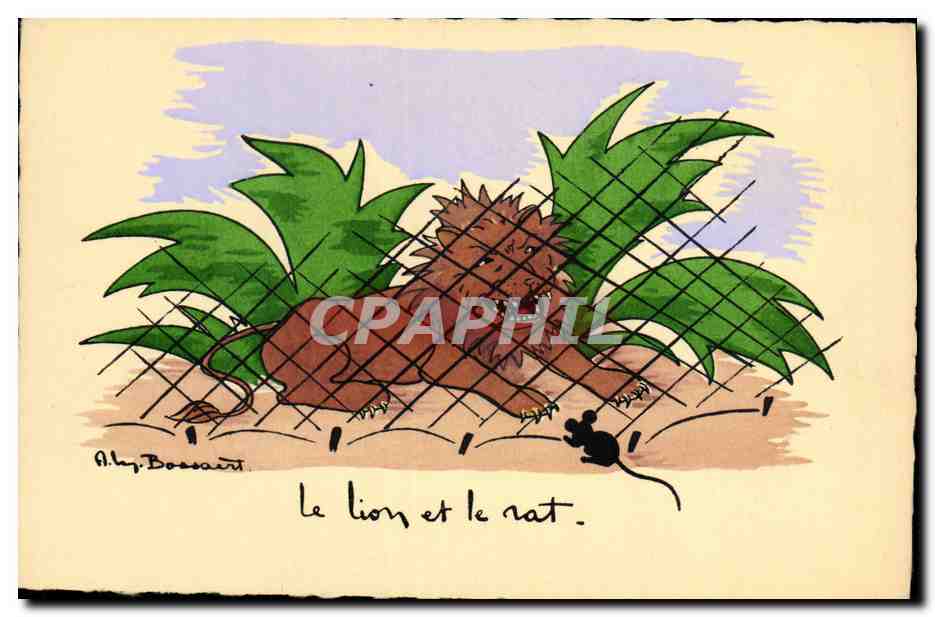 CPA Fantaisie Illustrateur Le lion et le rat Souris