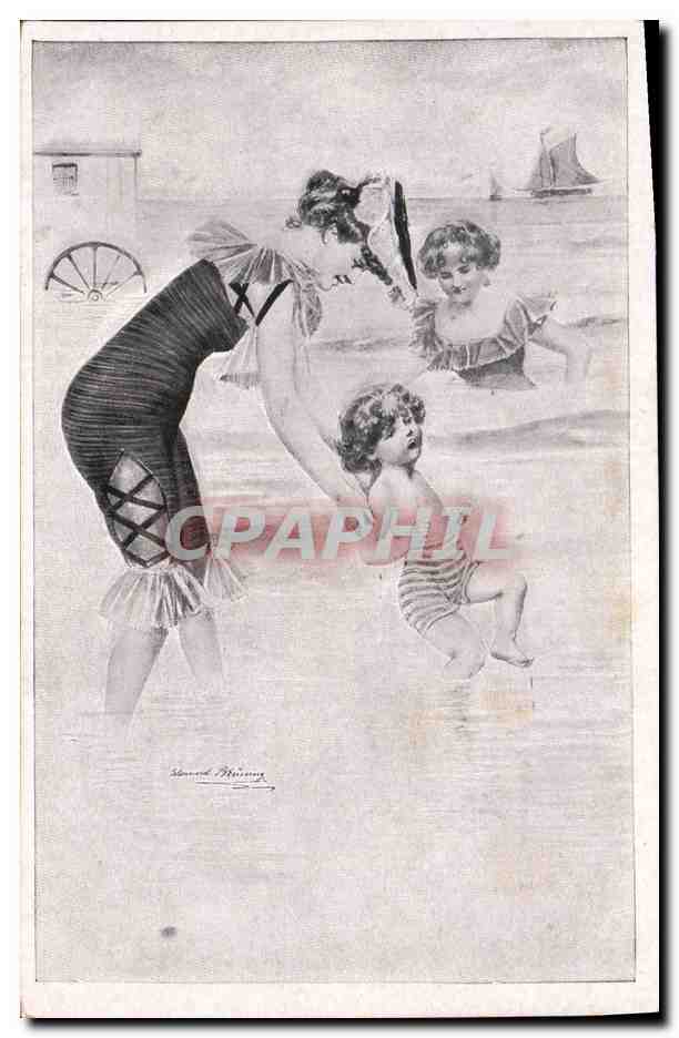 CPA Fantaisie Illustrateur Femmes Enfants Maillot de bain