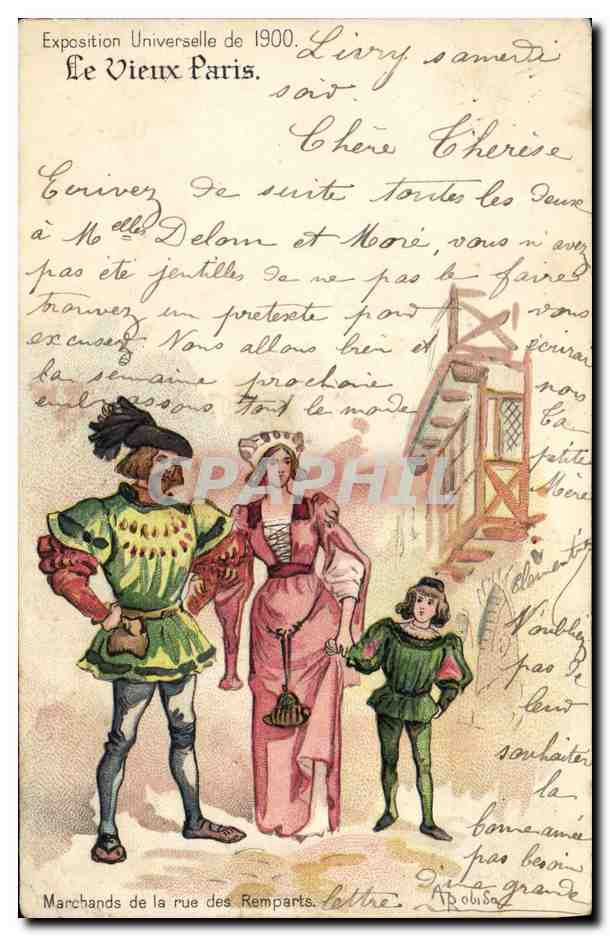CPA Le Vieux Paris Exposition universelle de 1900 Chocolat Guerin Boutron Marchands de la rue des remparts