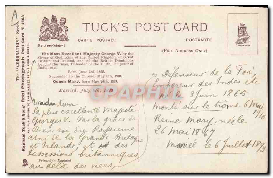 Roi George V et Reine Marie — Coronation Souvenir — Tuck's Post Card T 1483 — Verso
