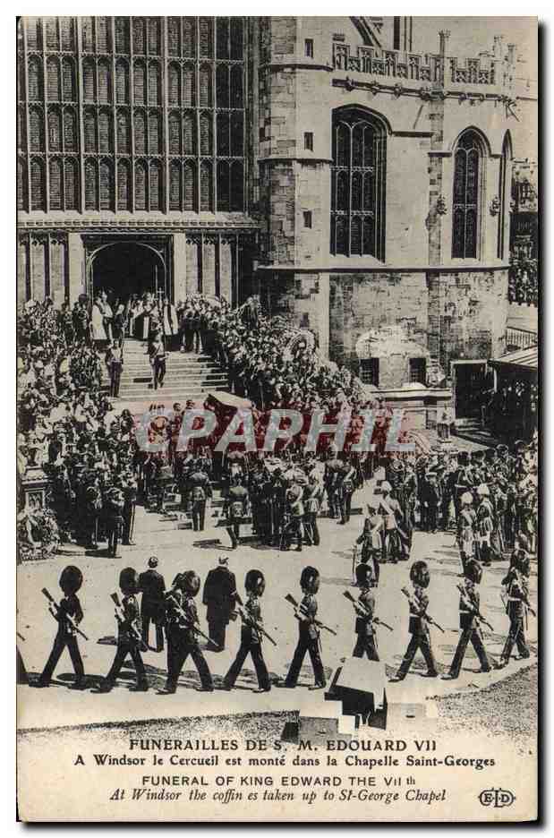 Funérailles de S.M. Édouard VII — A Windsor le cercueil est monté dans la chapelle Saint-Georges — Éditeur E.D. (n° de série non visible)