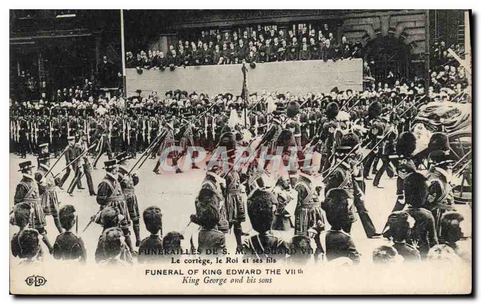 Funérailles de S. M. Édouard VII — Le cortège, le Roi et ses fils — Éditeur E.P.D.