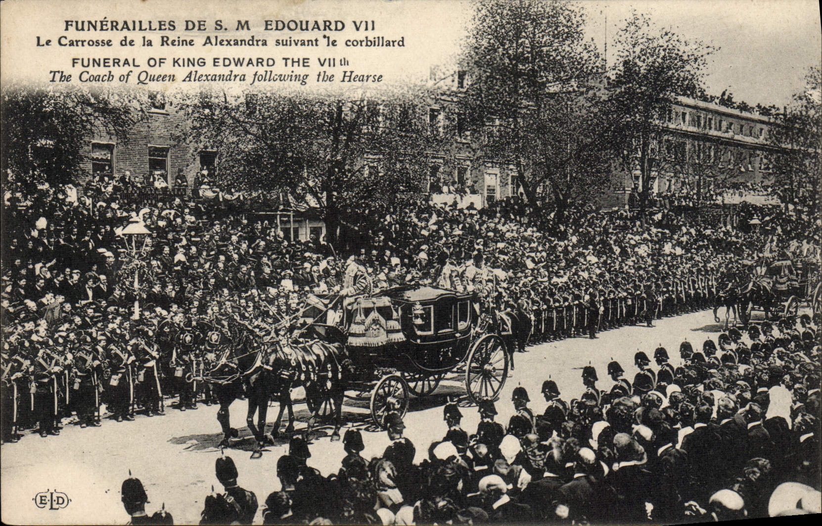 Funérailles de S.M. Édouard VII — Le Carrosse de la Reine Alexandra suivant le corbillard — Éditeur ELD