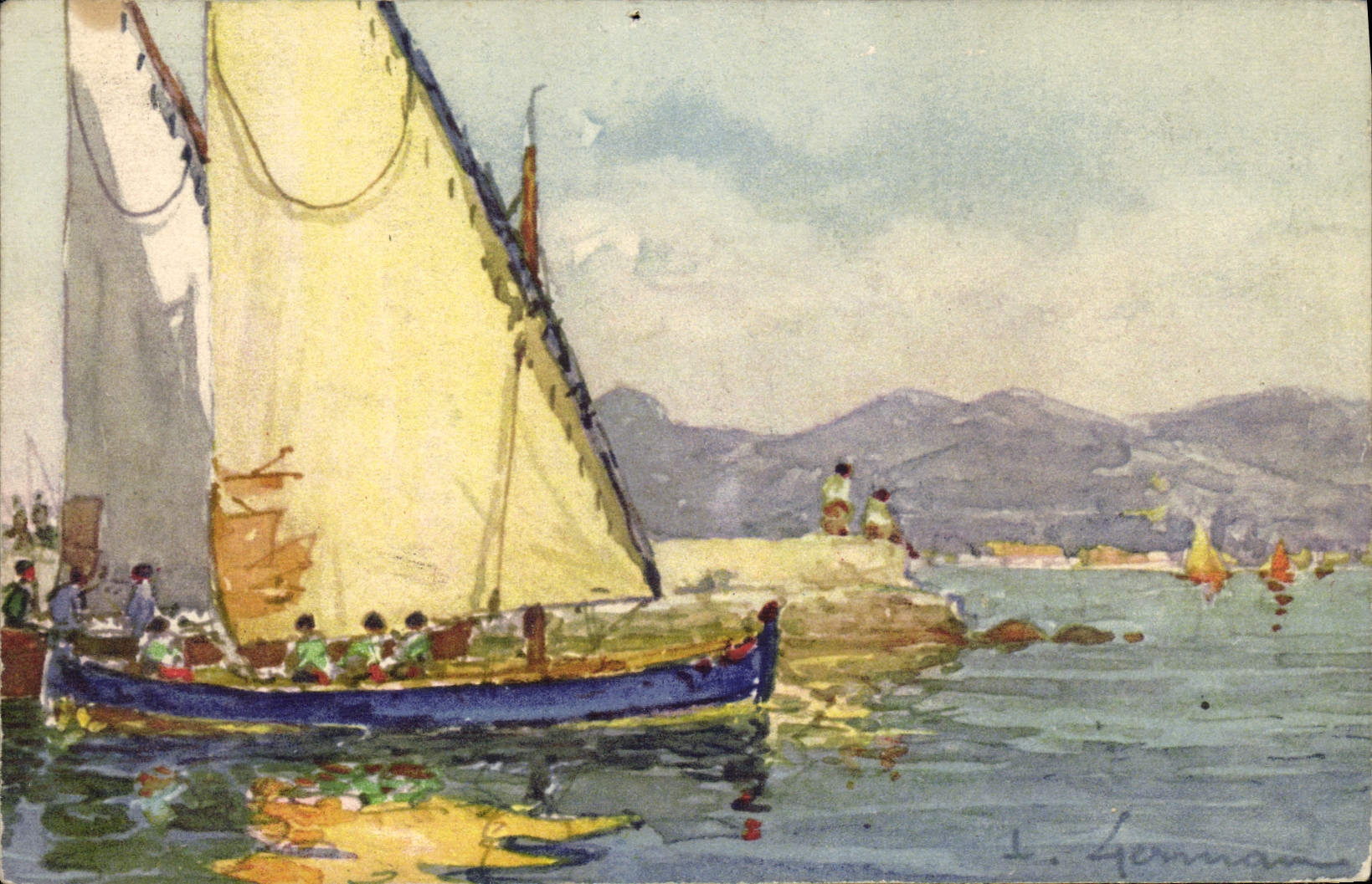 CPA Fantaisie Illustrateur Cote d'Azur Cannes Barques du port de la Croisette Bateaux