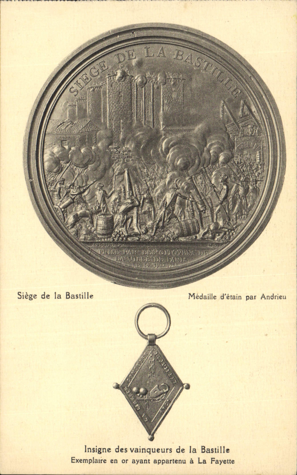 Belagerung der Bastille — Bleimünze von Andrieu, Goldabzeichen, das La Fayette gehörte