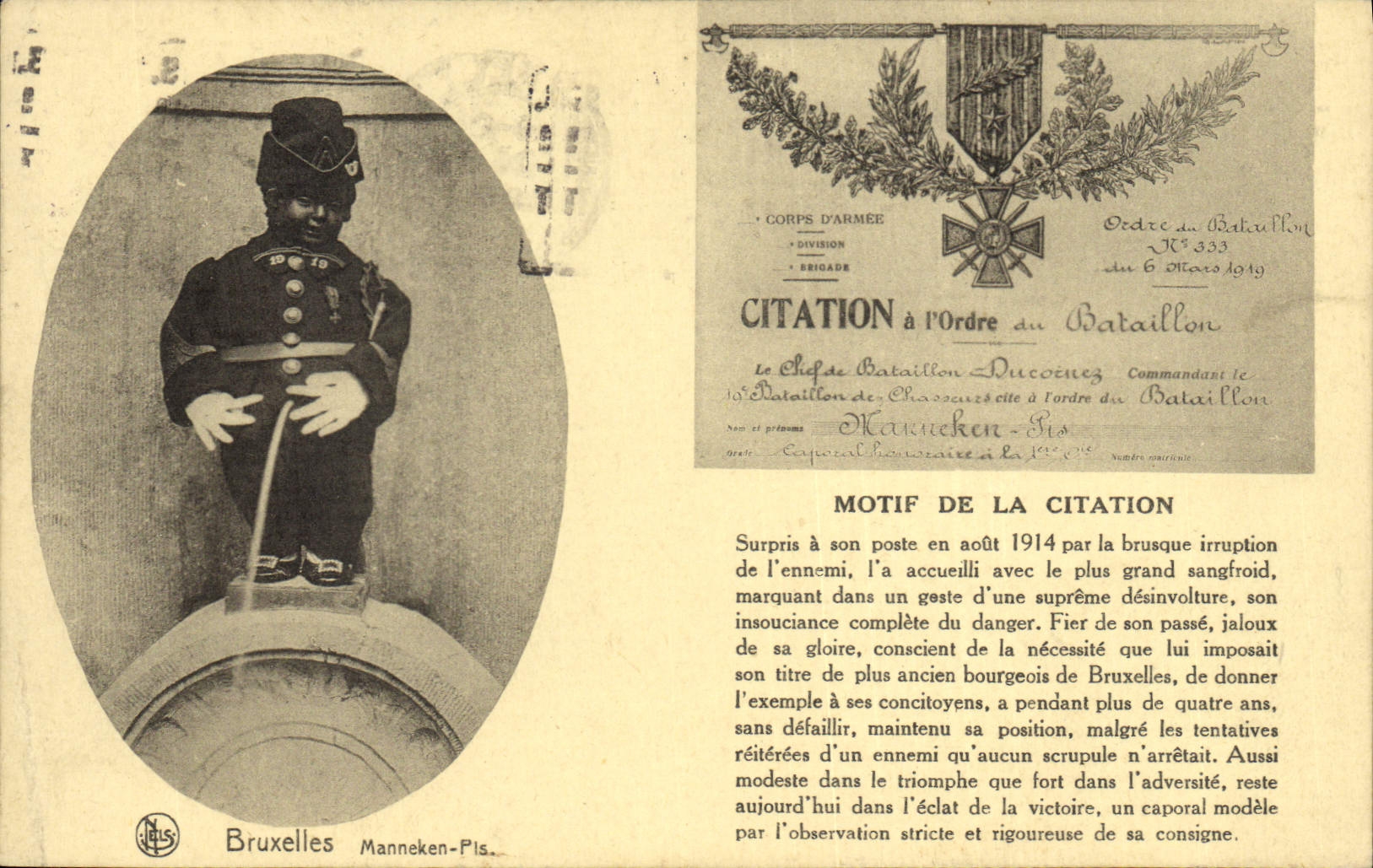 CPA Medaille Bruxelles Manneken Pis Citation a l'ordre du bataillon Militaria