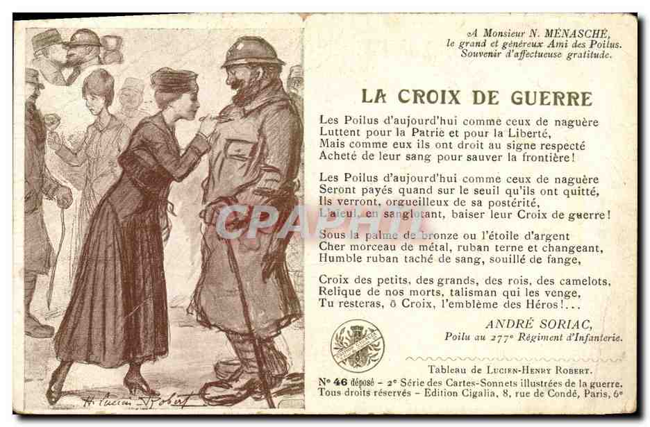 Femme offrant une croix de guerre à un soldat — Tableau de Lucien-Henry Robert — 2e Série des Cartes-Sonnet illustrées de la guerre