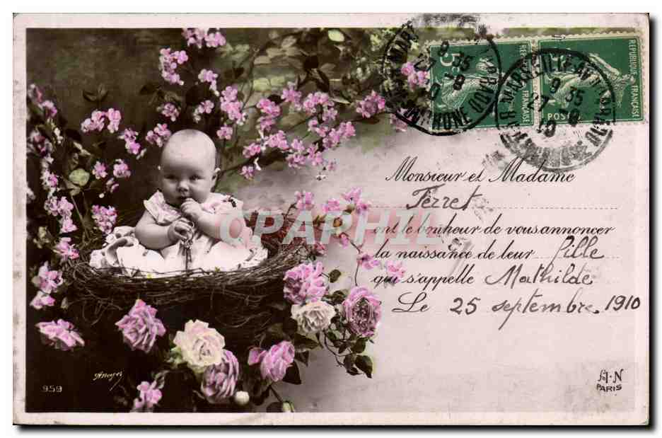Nouveau-né dans un panier de fleurs — éditeur G. G. N. Paris, n° 959