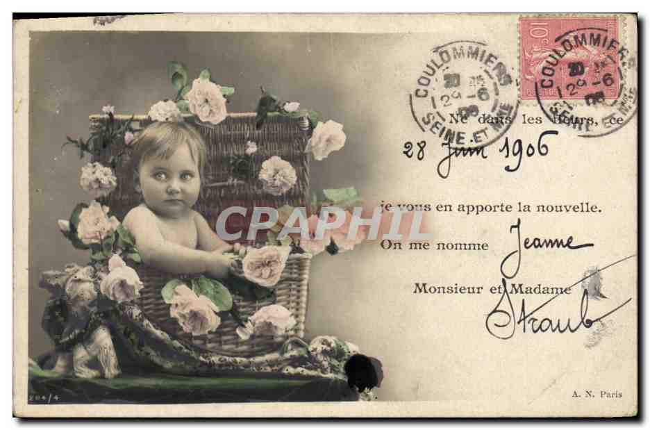 Bébé dans un panier de roses — Coulommiers, 28 juin 1906 — A. N. Paris, n° 204/5