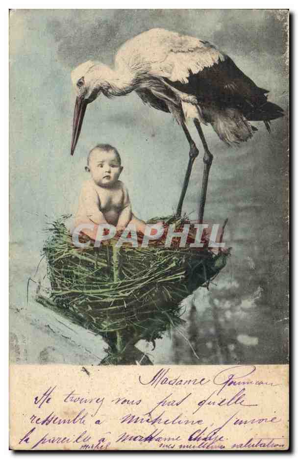 CPA Fantaisie Bebe Enfant Cigogne