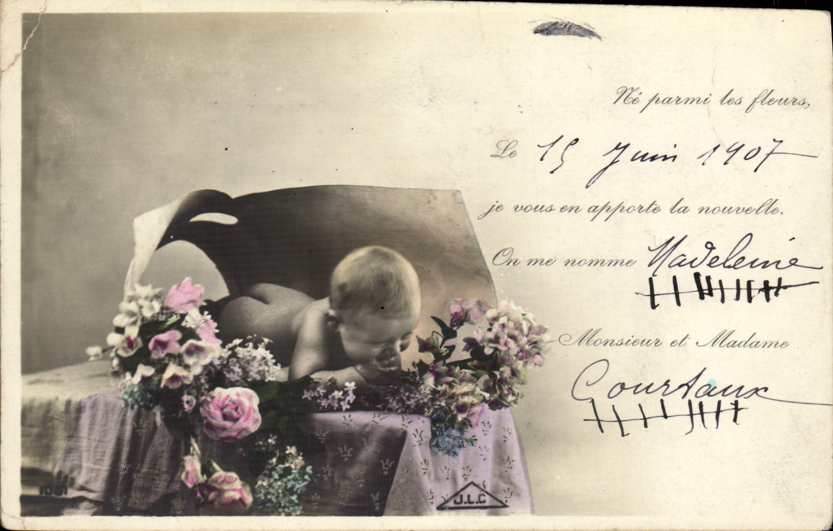Né parmi les fleurs — carte de naissance — U.L.C.