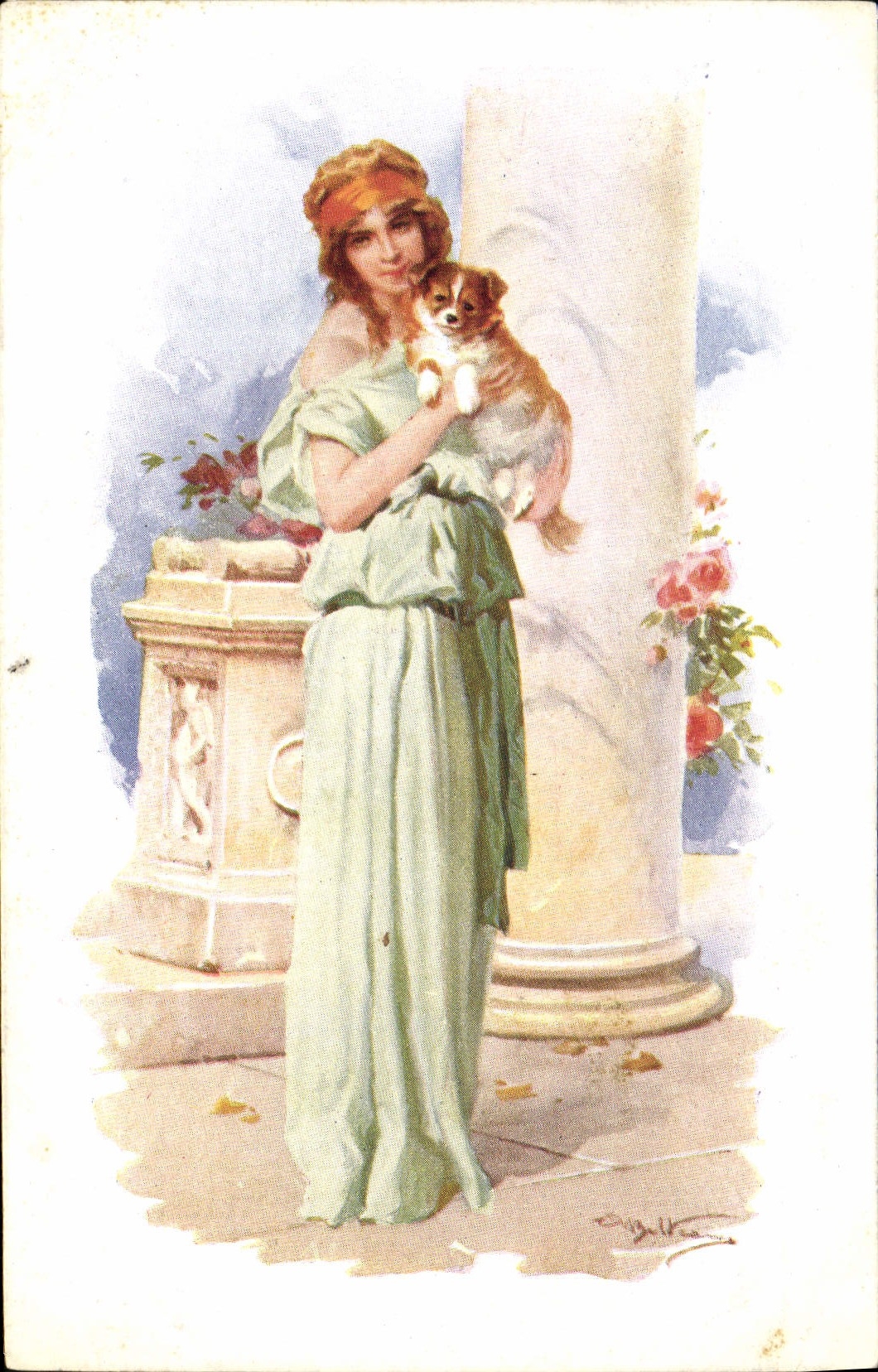 CPA Fantaisie Illustrateur Femme Chien 