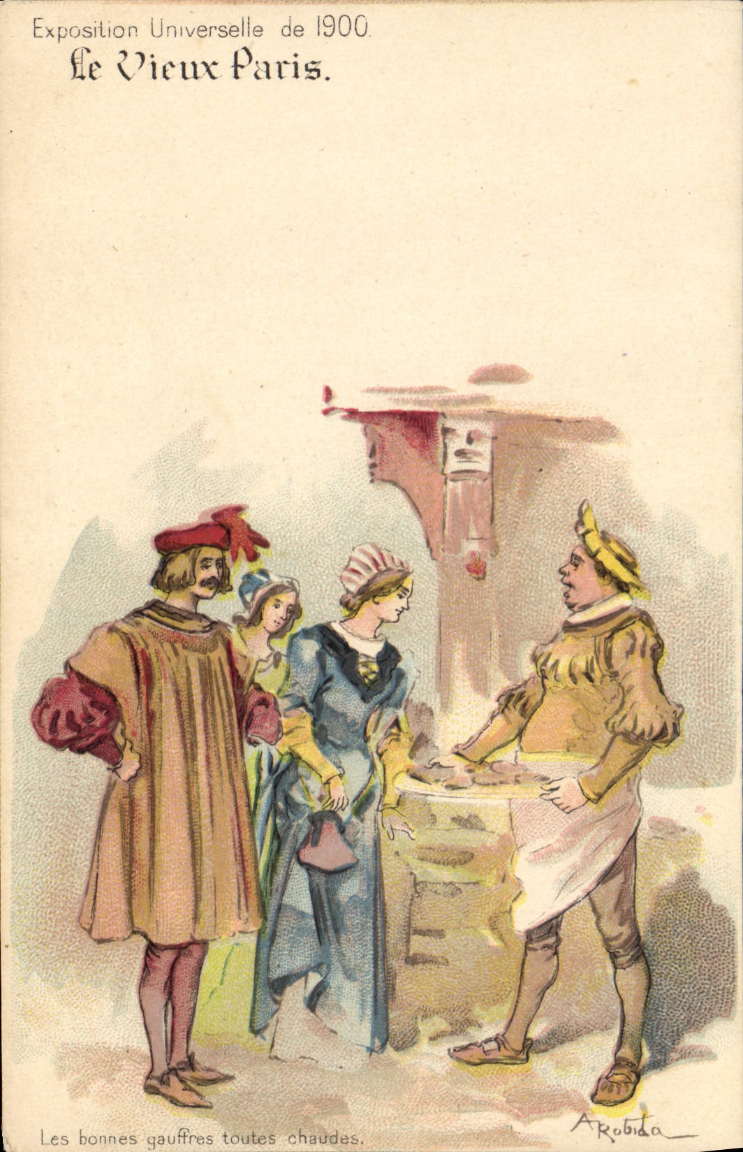 Le Vieux Paris — scène de rue avec personnages en costume d'époque — éditeur Arabida, n° de série non visible